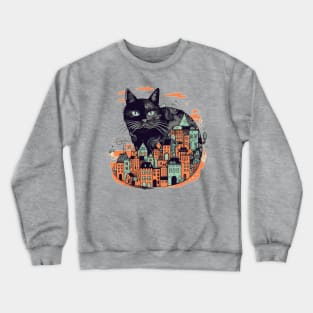 Black cat sitting in front of a colourful city Crewneck Sweatshirt